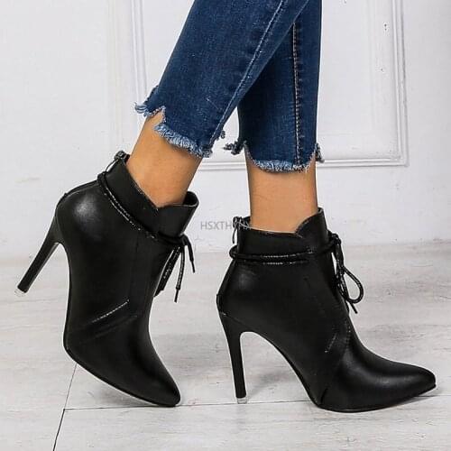 2021 Pointed Toe Women Boots Lace Up Ankle PU Leather Zip Booties High Heels Autumn Shoes Black Winter Boots Zapatos De Mujer