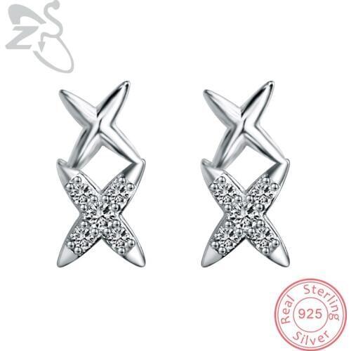 ZS Four-Pointed Star White Cubic Zircon Solid 925 Sterling Silver Double Cross Stud Earrings For Women Fashion Jewelry