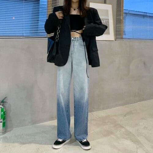 2021 Womens Gradient Color Wide Leg Jeans Female Harajuku Chic High Waist Straight Loose Denim Pants Casual Streetwear Trousers