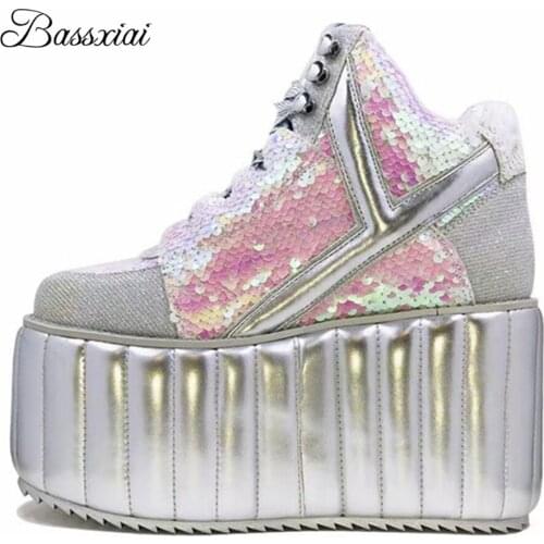 Rivet Star Decor Flat Platform Shoes Woman Cross-Tied High Wedges Bling Sequins Round Toe Patchwork Casual Shoes Women