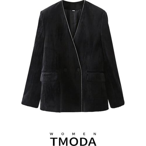 TMODA336 Za Blazer Women 2021 Fashion Two Button Casual Velvet Blazer Coat Vintage V Neck Long Sleeve Female Outerwear Chic Tops