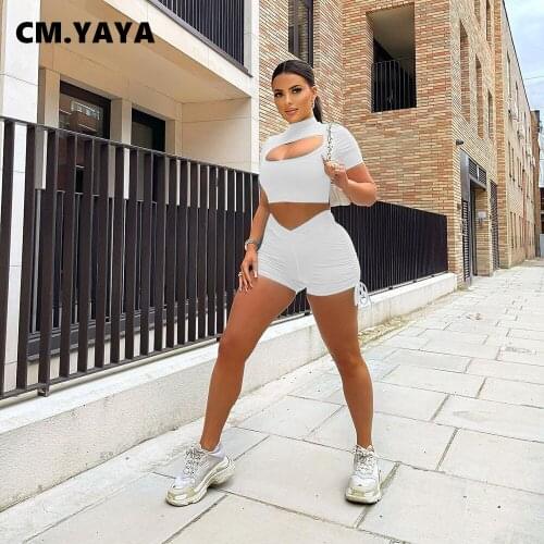 CM.YAYA Women Set Solid Short Sleeve Half High Collar Cut Out Crop Tops Shirring Shorts Two 2 Piece Set Tracksuit Summer Outfits