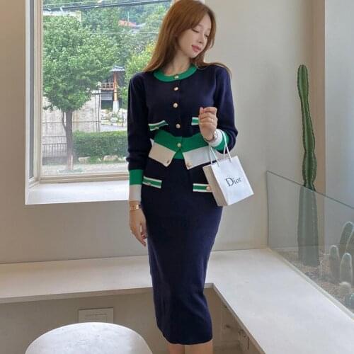 Color Contrast Two Piece Set Women Autumn Spring Single Breasted Sweater Cardigans + Elastic Waist Knee-Length Skirt Outfit B652