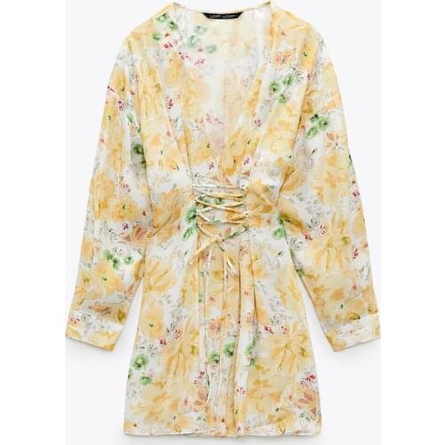 New Pop Summer Women Tunic Dress Flower Printed Long Sleeves V-neck Vogue Casual Vintage Elegant Woman Dress Femme Robe