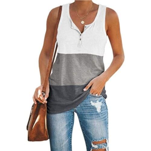 New summer womens V-neck cotton vest casual loose T-shirt sleeve sewing button stitching multicolor womens top