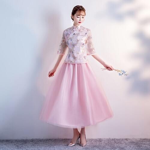 2 pcs Tea-length Lace lady Traditional Floral Embroidery elegant pink Bridesmaid Dresses Wedding Guest Dress Wedding Party Dress