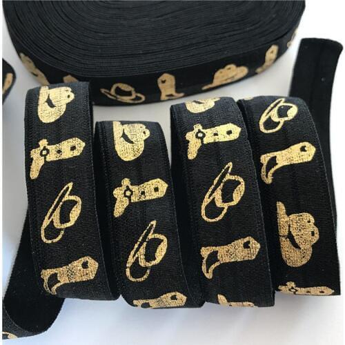 5/8" (5 yards/lot) Cowboy Gold Foil Print Fold over Elastic Spandex Strap Sewing Band Garment Accessories supplies