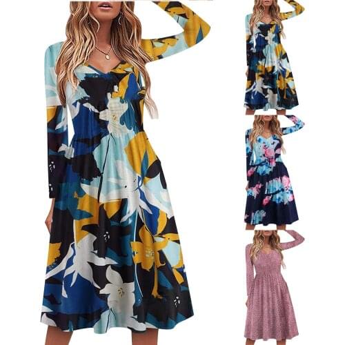 Elegant Women Floral Dress Fashion Slim V-Neck Long Sleeve Midi Dress Flowers Printing Casual Pocket Lady Autumn A-Line Dress G4