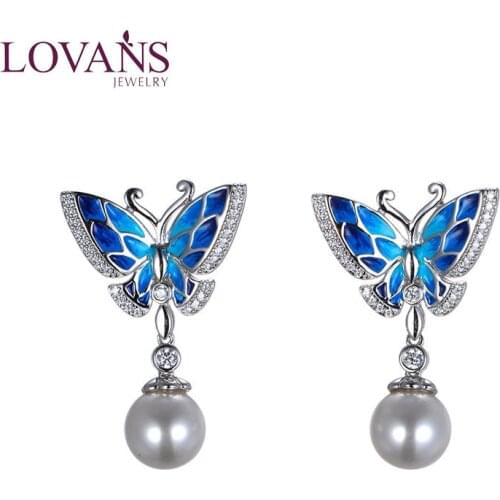 LOVANS Elegant Butterfly Women Earrings Naturel Pearl Dangle Earrings Enamel Jewellry Christmas
