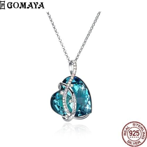 GOMAYA 925 Sterling Silver Lrregular Lines Heart Necklace Pendant Blue Crystal Long Chain Necklaces For Women Fine Jewelry 2020