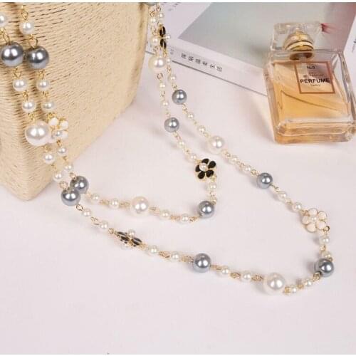 Korean Jewelry Winter Flower Sweater Chain Long Pearl Necklace Pendant Jewelry Double Female Necklaces For Women