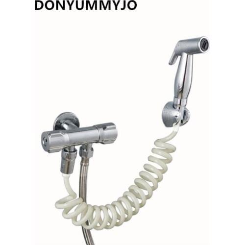 DONYUMMYJO 1 set Bidet Faucets Copper Double Outlet Angle Valve And ABS Toilet Spray Gun And 2M flexible hose WIth Wall Bracket