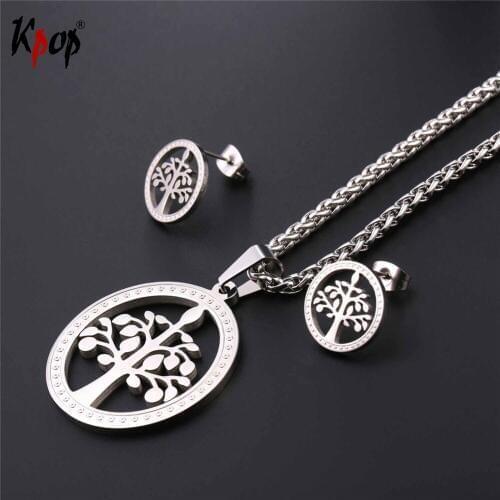 Kpop Energetic Hope Tree of Life Pendant With Chain Necklace Earring Sets Gold Color Stainless Steel 2017 Jewelry Sets PE2578