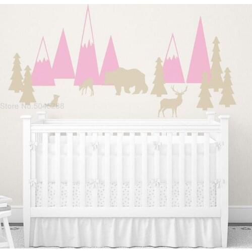 Mountains Wall Decal Baby Woodland Animals Nursery Pine Tree Wall Sticker Deer Bird Bear Fox Forest Removable Custom Decor Z394