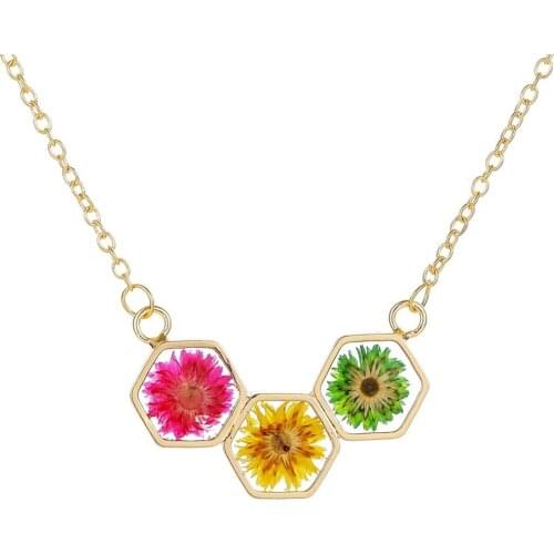 New creative geometric hexagonal dried flower necklace love plant specimen flower womens resin pendant necklace choker