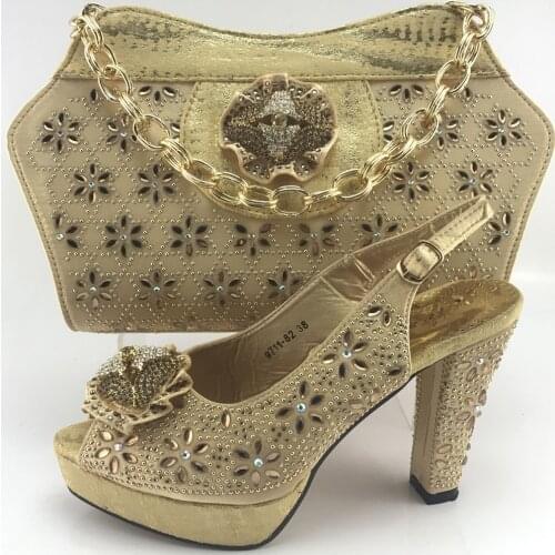 New Arrival Italian Shoes and Bags to Match Shoes with Bag Set for Parties African Wedding Italian Shoes and Bag Set ME7713 gold