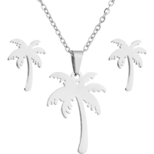 Stainless Steel Necklace With 1 Pair Coconut Earrings For Women Gold And Silver Color Coconut Tree Pendant Necklace Jewelry
