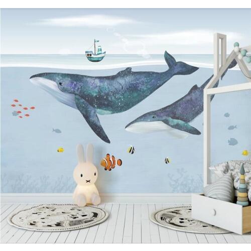 Custom wallpaper hand painted whale childrens room background wall underwater boat small fish-high-end waterproof material