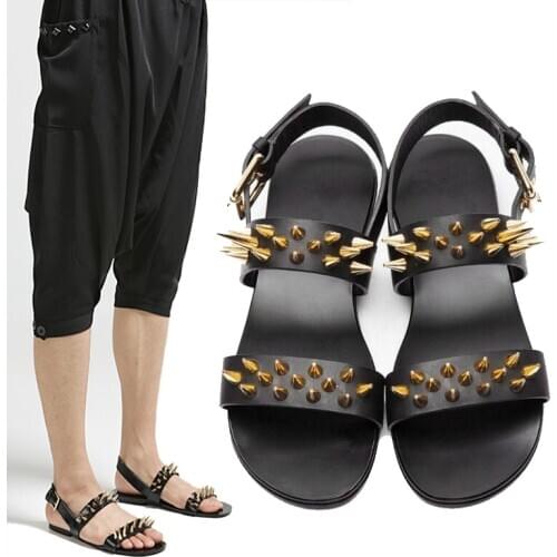 Punk Mens Rivet Studs Chains Decor Real Leather Peep Toe Flats Buckle Sandals Summer Shoes 5Styles C464