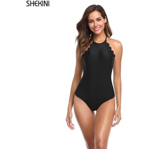 SHEKINI Scalloped Trim Lace-Up One Piece Swimsuit High Neckline Halter Sexy Swimwear 2021 Summer Beach Bathing Suit