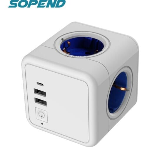 Sopend Power Strip EU Plug Wall Socket Adapter PowerCube 4 Outlets+2 USB+switch+Type-C Ports Electrical 250V 3680W Home Office