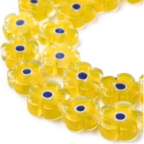 1 Strand Yellow White Lampwork Glass Beads Flower Pattern Millefiori Glass Loose Beads For Jewelry Making Bracelet Necklace DIY