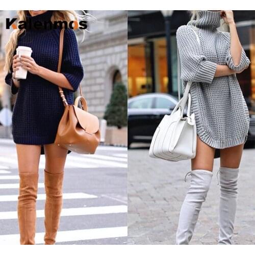 Autumn Winter Turtleneck Sweater Women KALENMOS High Collar Long Sweater Short Sleeve Sexy Loose Sweater Personality Blouse