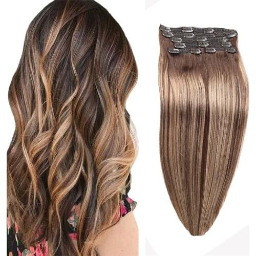 Toysww Clip in Hair Extensions Human Hair Ombre Chocolate Brown to Caramel Blonde Real Human Hair Clip in Extensions Blonde