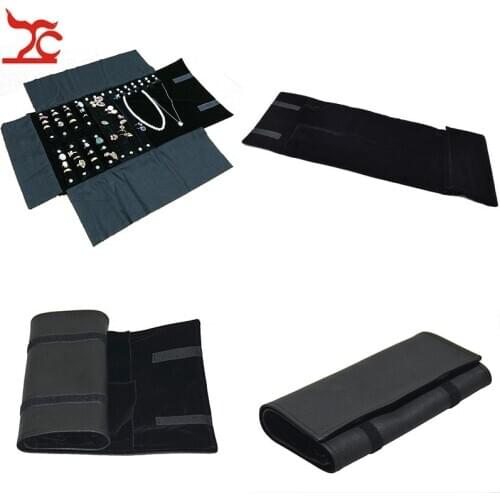 PU Leather Jewelry Display Roll Bag Black Necklace Punch Pendant Ring Earring Stud Chain Organizer Display Travel Roll Bag