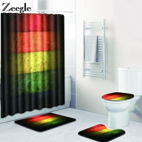Zeegle 4pcs Bath Mat Set Anti Slip Toilet Pedestal Rug Flannel Soft Foot Mat Waterproof Bathroom Curtain Washable Toilet Set