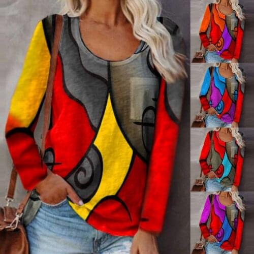 Hot Sale 2021New Women T-shirt Color Matching Loose Autumn Geometric Print Comfortable Soft Long Sleeve Top Streetwear Plus Size