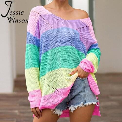 Jessie Vinson V-neck Hollow out Rainbow Stripes Loose Long Pullover Sweater Women Casual Colorful Knitted Jumper Autumn Winter