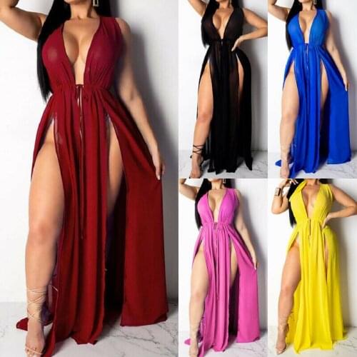Women Sexy Deep V Neck Maxi Wrap Dress Beachwear Cover Ups Swimwear Beach Bikini Cover Up Sarong Long Dresses