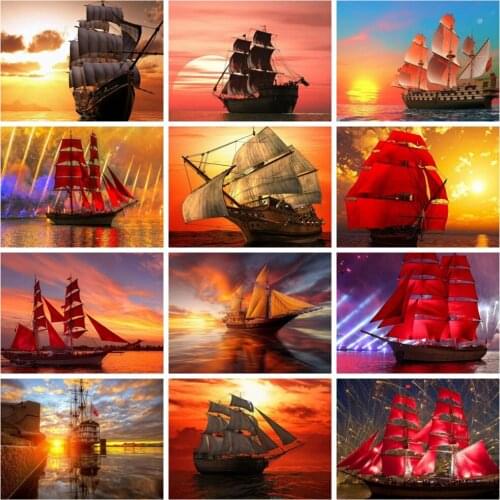 Diamond Painting Sailboat 5d Diy Mosaic Red Ship Embroidery Sunset Scenery Home Decor Paintings For Interior