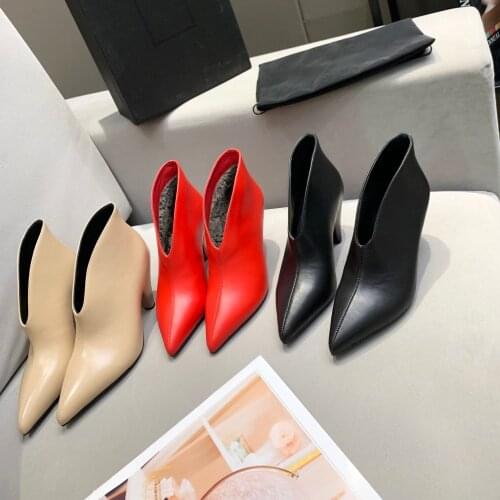 Winter Slip-On Women Boots Ankle Boots Woman Fashion Genuine Leather Concise High Heels Pointed Toe Women Shoes Hot Shoes Woman