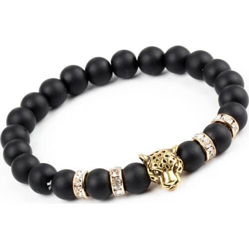 Black Lava Stone Buddha Bead Bracelets Gold Color Leopard Head Rope Chain Natural Stone Bracelets For Women/ Men Jewelry
