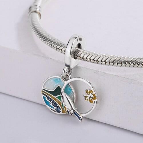 925 Sterling Silver Engraved Brazilian Beach And Parrot Enamel Pendant Charm Bracelets DIY Jewelry Making For Original Pandora