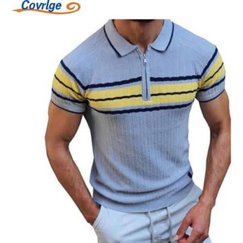 Covrlge Mens Contrasting Poloshirts Color Stripes Slim Fit All-match Casual New Style Fashion Breathable Knitwear MZS003