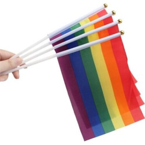 12 Pcs Gay Pride Small National Flag Rainbow Hand Waving Flags With Plastic Flagpoles For Sports Parade Decoration