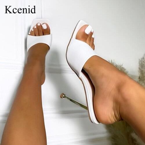 Kcenid Metal High Heels Women Slippers Summer New PU Leather Mules Slides Sandals Sexy Square Toe Party Dress Shoes Big Size 42