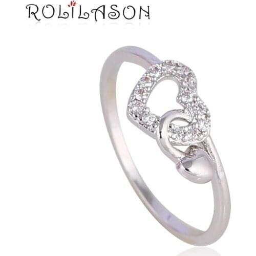 ROLILASON love shape silver color white crystal zircon ring romantic Valentines Day gift JR2104