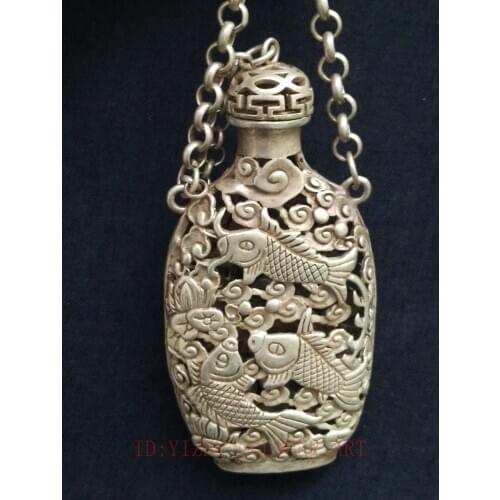 YIZHU CULTUER ART Collection Old China Tibet Silver Hand-made Fish Lotus Crane Sachet Pendant