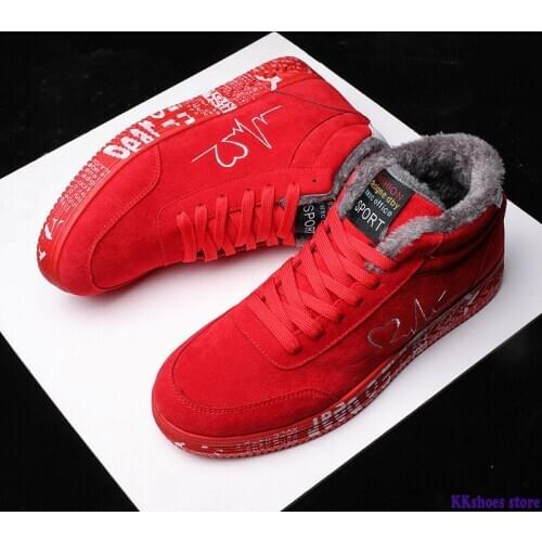 Fashion Mens Black Sneakers Red Rubber Bottom Sneakers Keep Warm Plush Flat Lover Shoes Autumn Winter Men Shoes Trainers