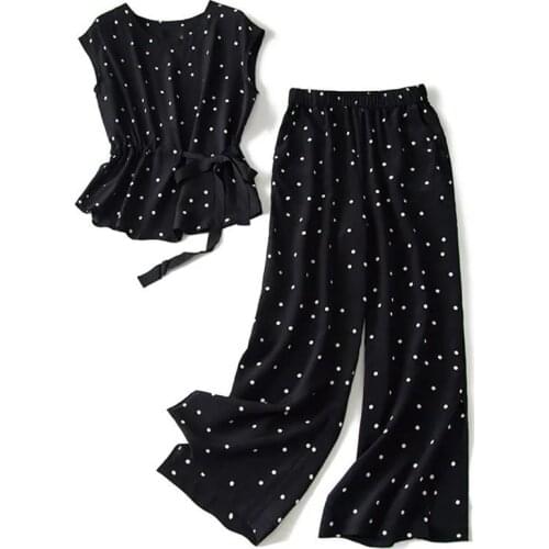 Fashion black polka dot chiffon shirt and pants two-piece suit 2021 summer plus size Korean wide-leg pants light top suit