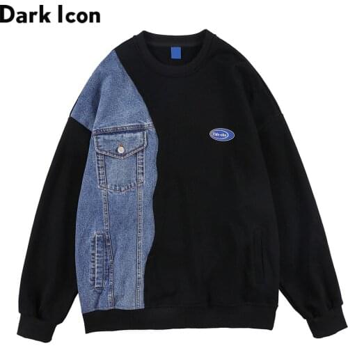 Dark Icon Denim Patchwork Mens Sweatshirt O-neck Korean Style Sweatshirts for Man Black Grey