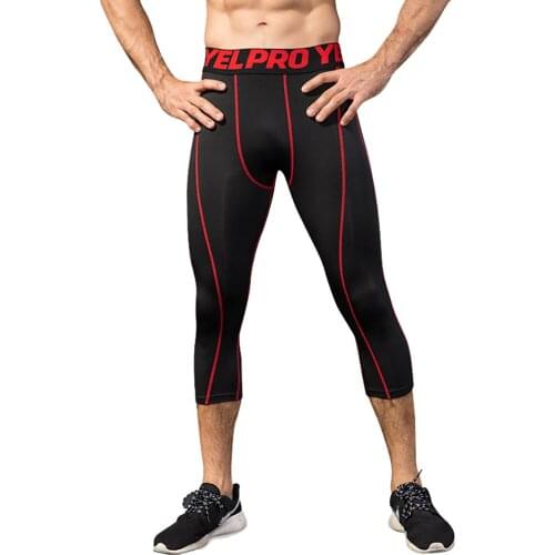 Mens Running Tights 3/4 Length Sport Leggings Compression Underwear Quick-drying Capri Pants Jogging Fitness Gym Trousers MMA