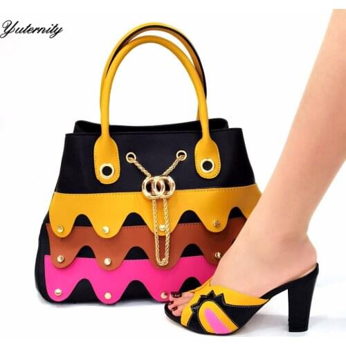 Latest Fashion Woman PU Leather Metal Shoes And Bag Set 2020 New African Party Women Slipper Shoes And Bag Set For Occasion