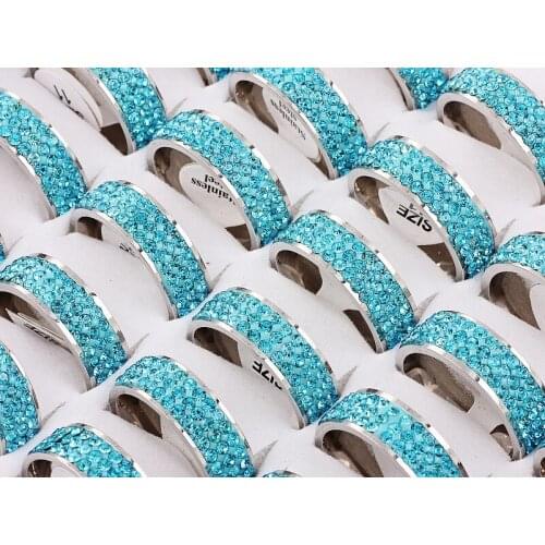 Wholesale Bulk 12Pcs 8MM Blue Drop Oil 3Row Stainless Steel Round Ring Band Wedding Engagement Xams Gift Fashion Jewelry 17-21MM