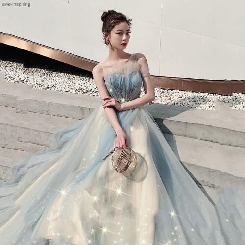 Awe-inspiring Dress Skirt Long Elegant Temperament 2021 New Evening Dress Blue Fairy Skirt Party Dress Strapless Waist Sweet
