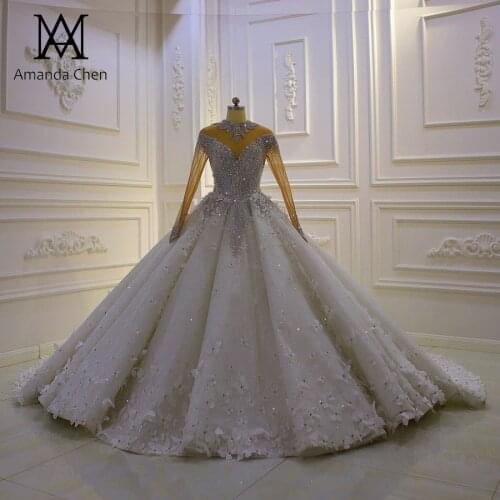 Mariage Long Sleeve Crystal Rhinestone Luxury Ball Gown Wedding Dress 2021